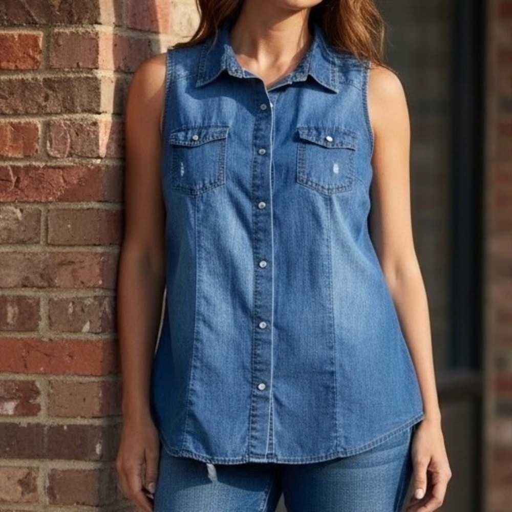 Cavalini Sleeveless Snap Front Denim Top Womens M Blue Chambray Western Country